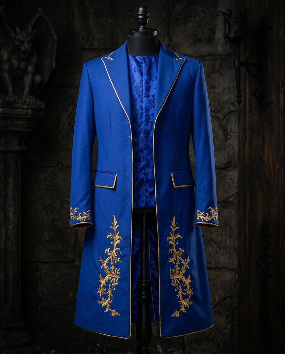 Royal Blue Gothic Tailcoat Suit | Gold Embroidery, Victorian Steampunk Groom Wear