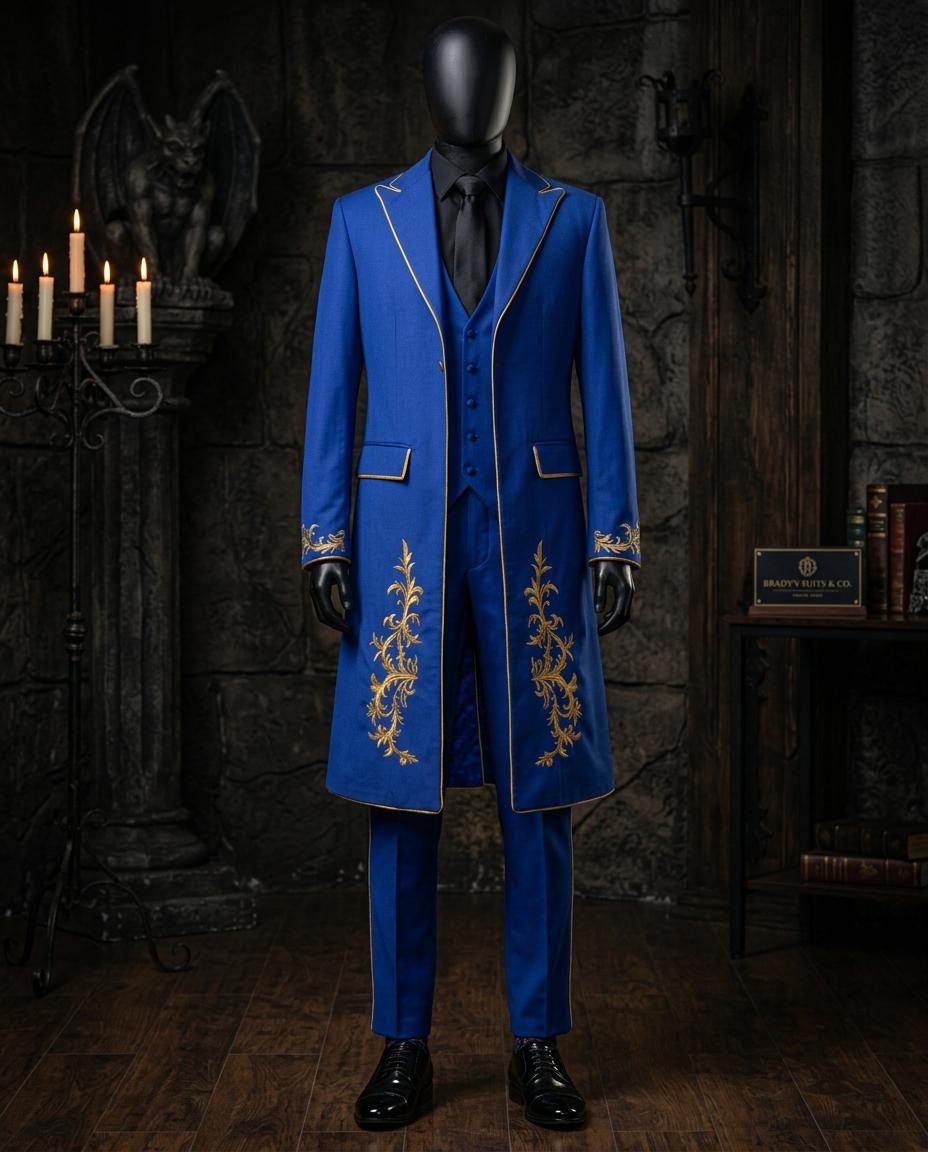 Royal Blue Gothic Tailcoat Suit | Gold Embroidery, Victorian Steampunk Groom Wear