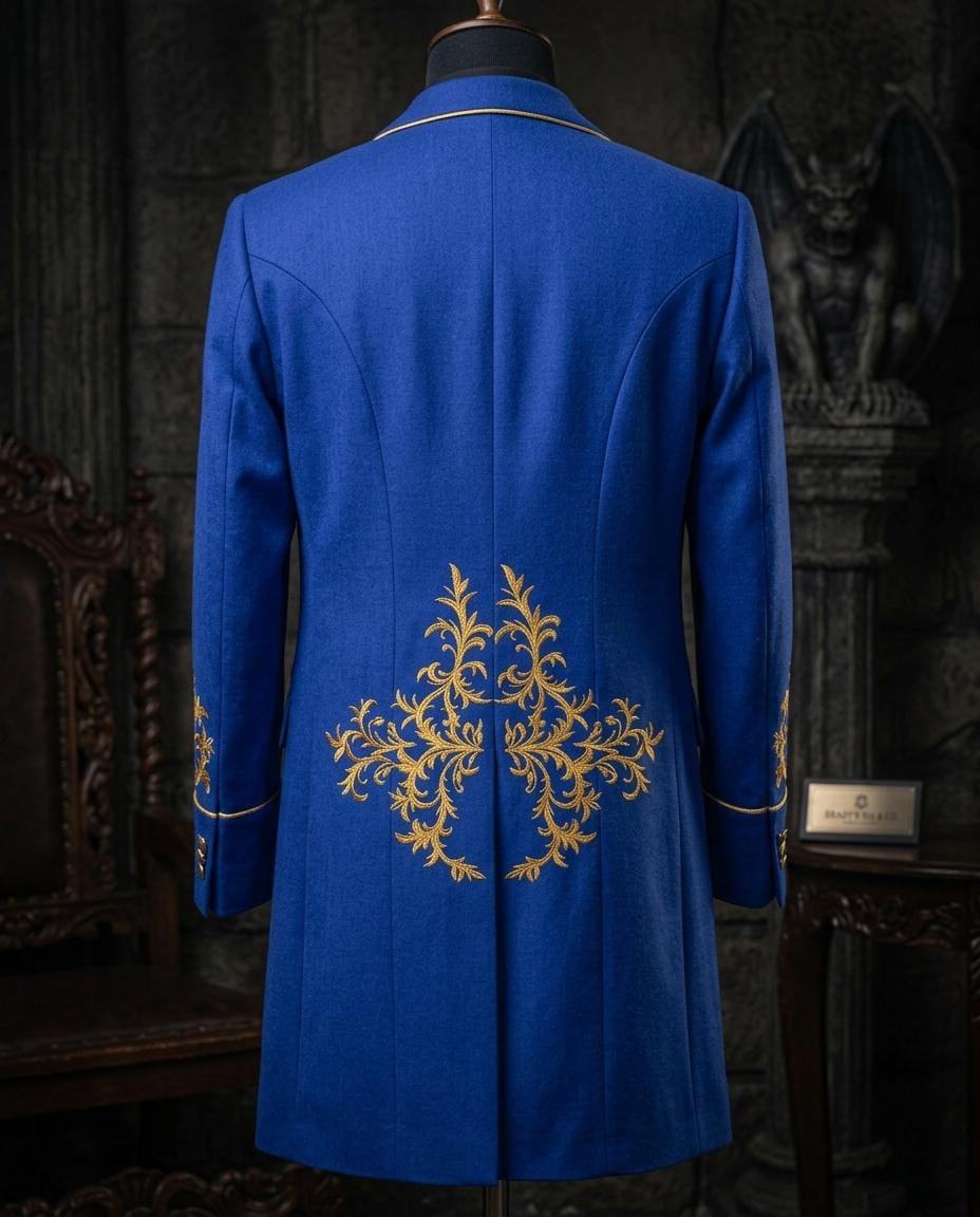 Royal Blue Gothic Tailcoat Suit | Gold Embroidery, Victorian Steampunk Groom Wear