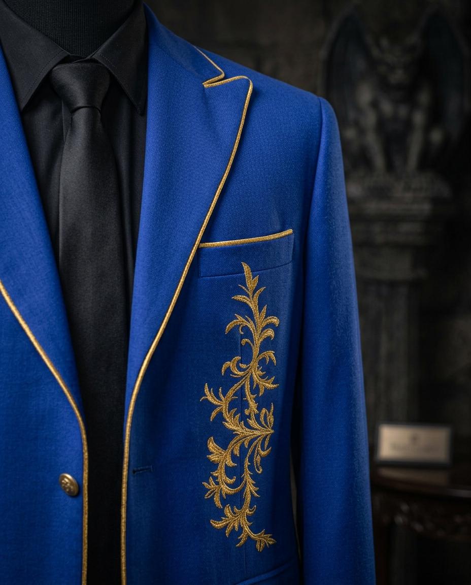 Royal Blue Gothic Tailcoat Suit | Gold Embroidery, Victorian Steampunk Groom Wear