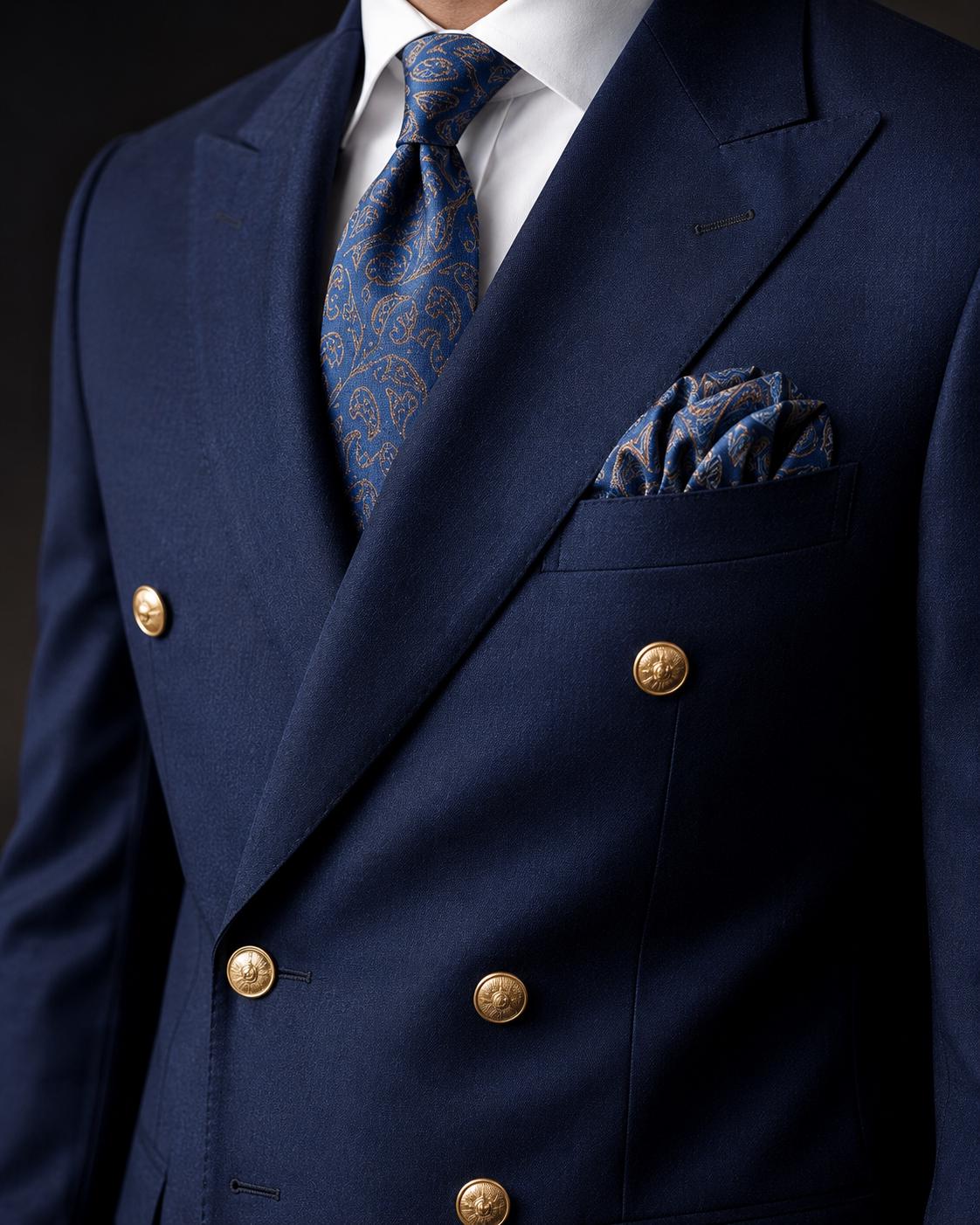 Men's Luxury Navy Blue Double-Breasted Suit | Formal Wedding & Groom Wear - Shoes