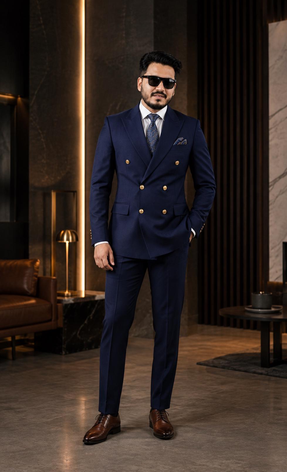 Men's Luxury Navy Blue Double-Breasted Suit | Formal Wedding & Groom Wear - Shoes