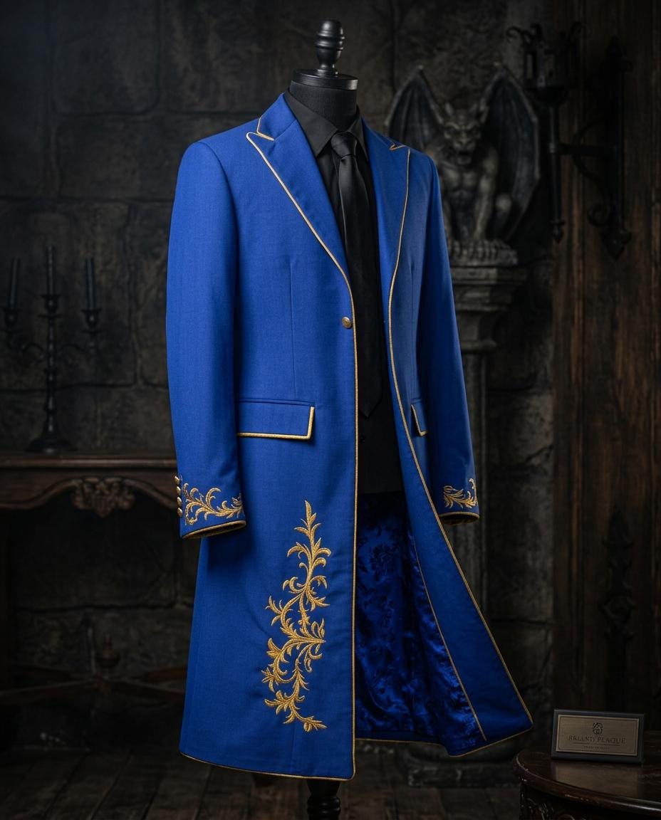 Royal Blue Gothic Tailcoat Suit | Gold Embroidery, Victorian Steampunk Groom Wear